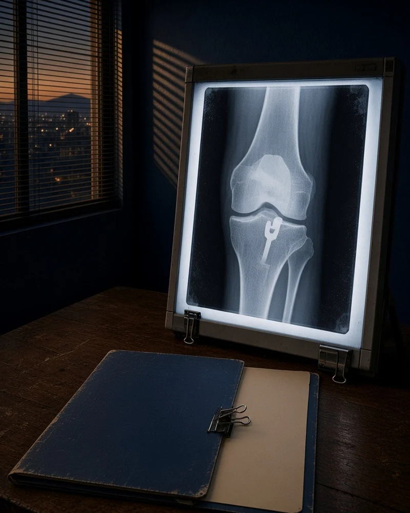 Radiografía de rodilla en un visor, sobre el escritorio del consultorio